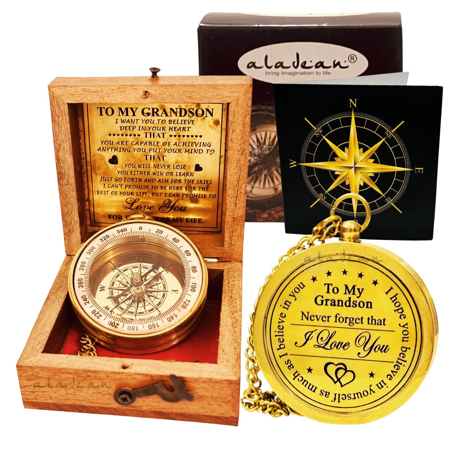 ALADEAN Brass Grandson's Divine Path Finder Compass - Engraved Quote, Wood Box, Uplifting Gift