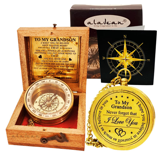 ALADEAN Brass Grandson's Divine Path Finder Compass - Engraved Quote, Wood Box, Uplifting Gift