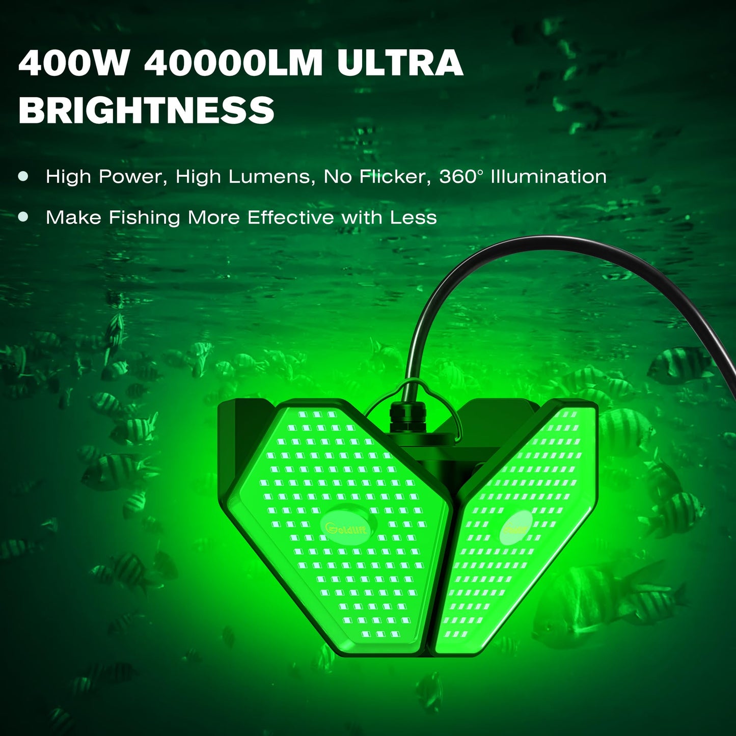 Goldlife 12V Underwater Fishing Light with 50ft Cable, 400W 40000LM Foldable Brightness Green LED Submersible Light Attractants for Docks/Boats/Kayaks, IP69K Rated for Fresh & Salt Water