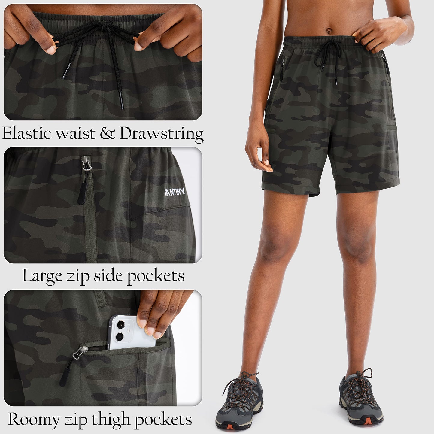 SANTINY Women's 5''/ 7''/9'' Hiking Cargo Shorts Quick Dry Lightweight Summer Shorts for Women Athletic Golf Zipper Pockets(Green Camo_XL)