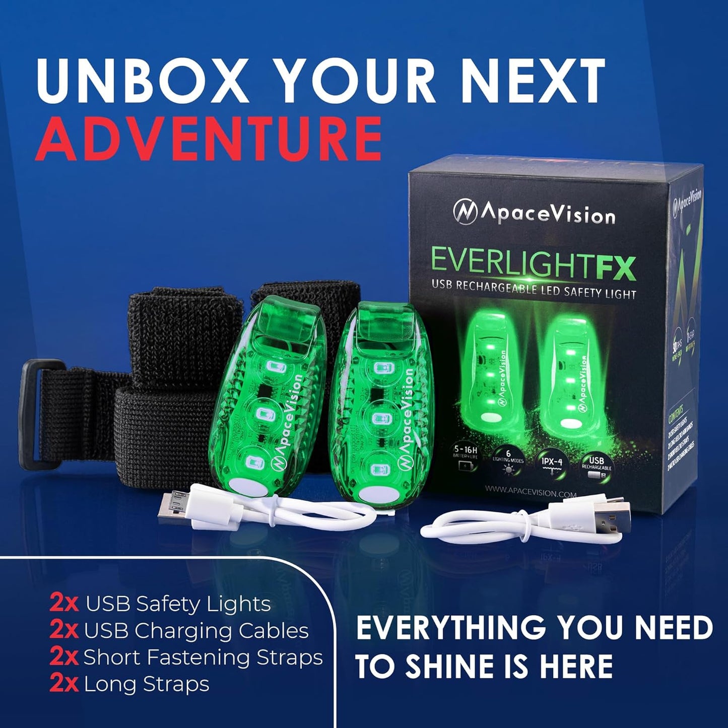 EverLightFX USB Rechargeable LED Safety Light (2 Pack) by Apace - Super Bright Bike Tail Light Works Brilliantly as Running Light for Joggers, Pets, Bicycle Strobe or Rear Clip On Lights