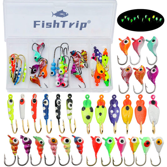 FishTrip Ice Fishing Jigs Kit, 30Pcs Glow Ice Fishing Lure Set for Winter Ice Jigging Crappie Sunfish Perch Panfish Walleye Pike Jigs, Ice Fishing Gear with Storage Box