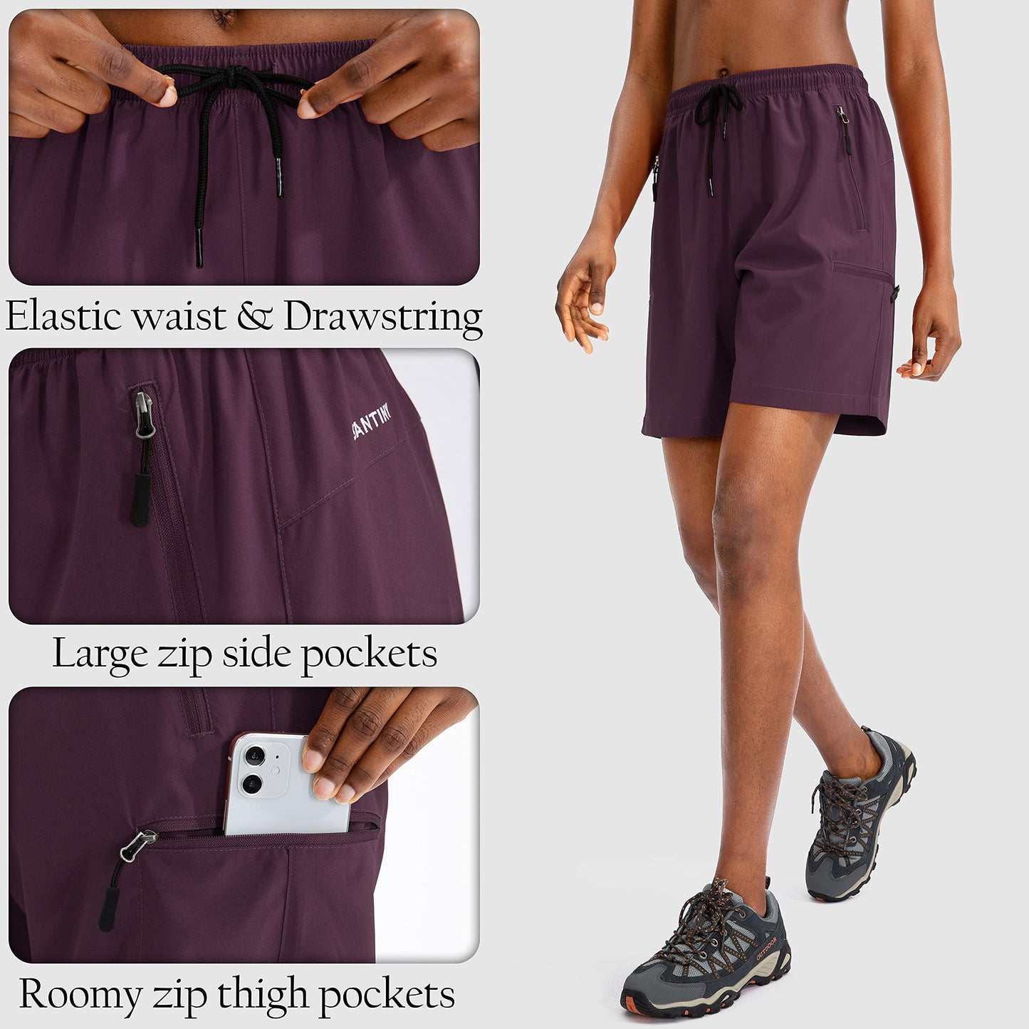 SANTINY Women's 5''/ 7''/9'' Hiking Cargo Shorts Quick Dry Lightweight Summer Shorts for Women Athletic Golf Zipper Pockets(Purple_XL)