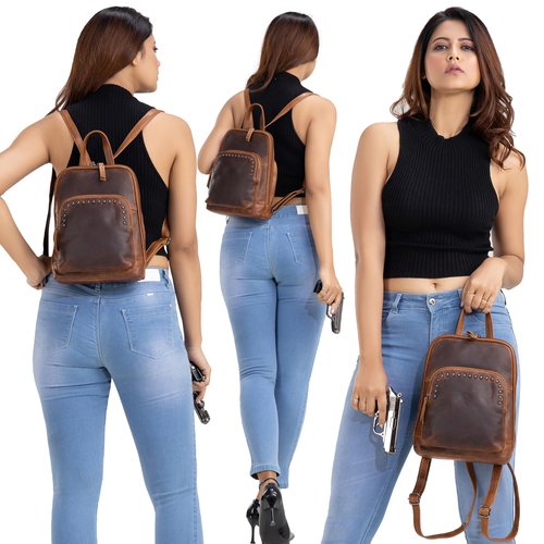 Lady Conceal Concealed Carry Abby Tactical Leather Backpack with Holster and Locking Zippers (Cognac)