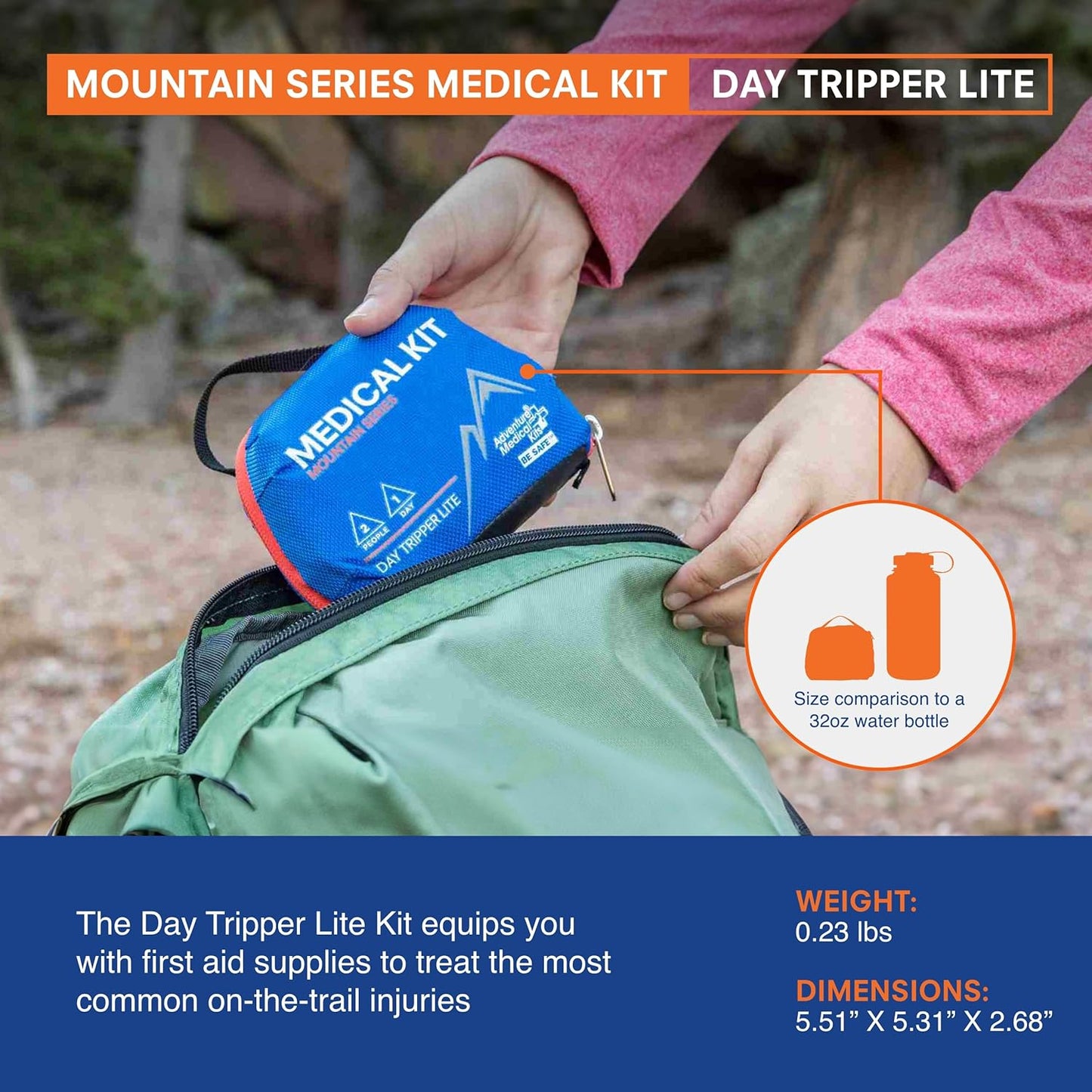 Adventure Medical Kits Mountain Series Medical Kit - Day Tripper Lite - Emergency Medical First Aid Kit - For 2 People for 1 Day - Comes with Bandages, Medication & More - 59 Pieces