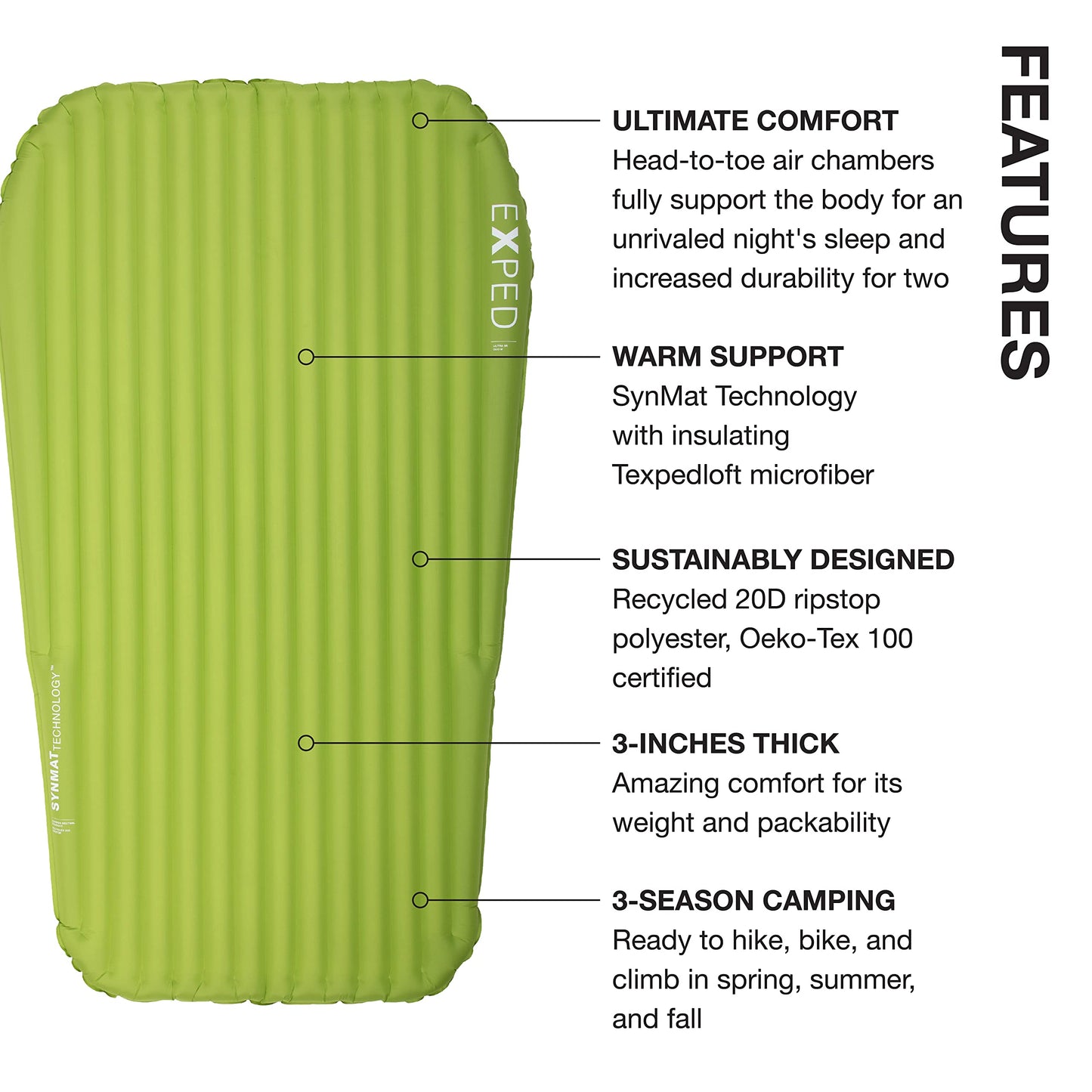 Exped Ultra 3R Duo - Lightweight Backpacking Mat for Two - Packable and Comfortable, 20 Degree 3-Season Sleeping Pad, Lichen, Duo Medium