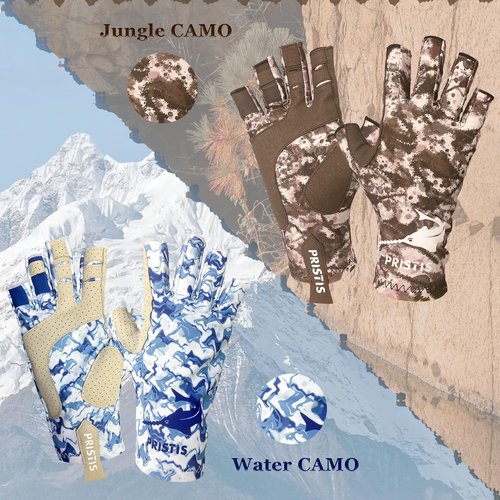 Pristis UPF 50+ Fishing Fingerless Gloves, UV Protection Breathable Thin Half-Finger Sun Gloves for Men Women Boys Kids Kayaking Paddling Hiking Sailing Canoeing Saltwater (Jungle CAMO, S - M)