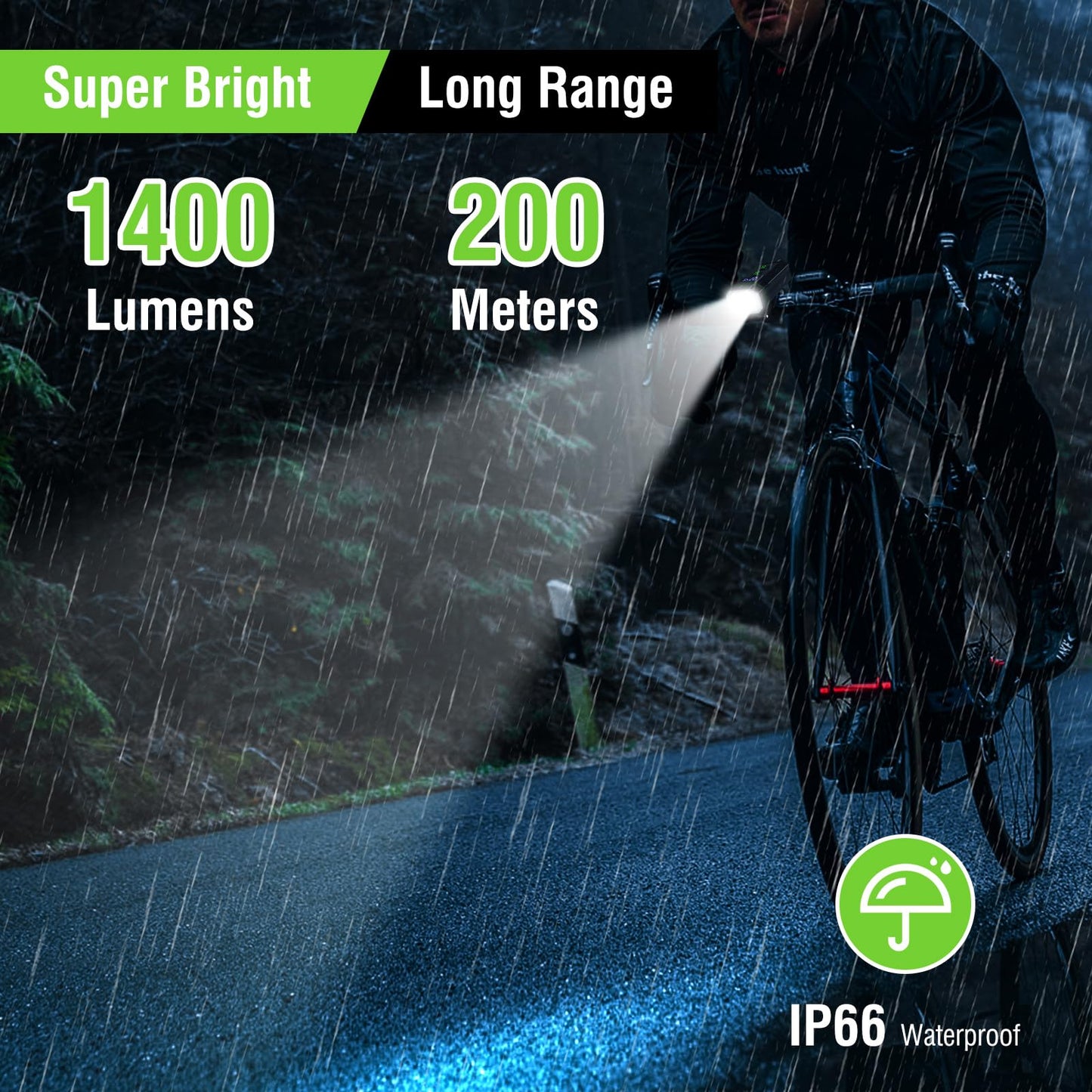 Satino L15 Bike Light for Night Riding Super Bright 1400 Lumen Rechargable USB Mountain Headlight- 10 LED, 8 Modes IP66 Waterproof Aluminum Alloy Road MTB Bicycle Front Rear Light Set