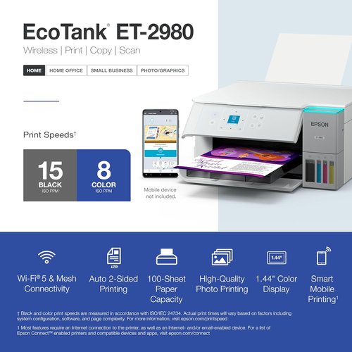 Epson EcoTank ET-2980 Wireless All-in-One Color Supertank Printer with up to 3 Years of Ink, Refillable Tanks, Perfect for Home, 15 PPM, 1.44" Color Screen, Auto 2-Sided Printing - Black