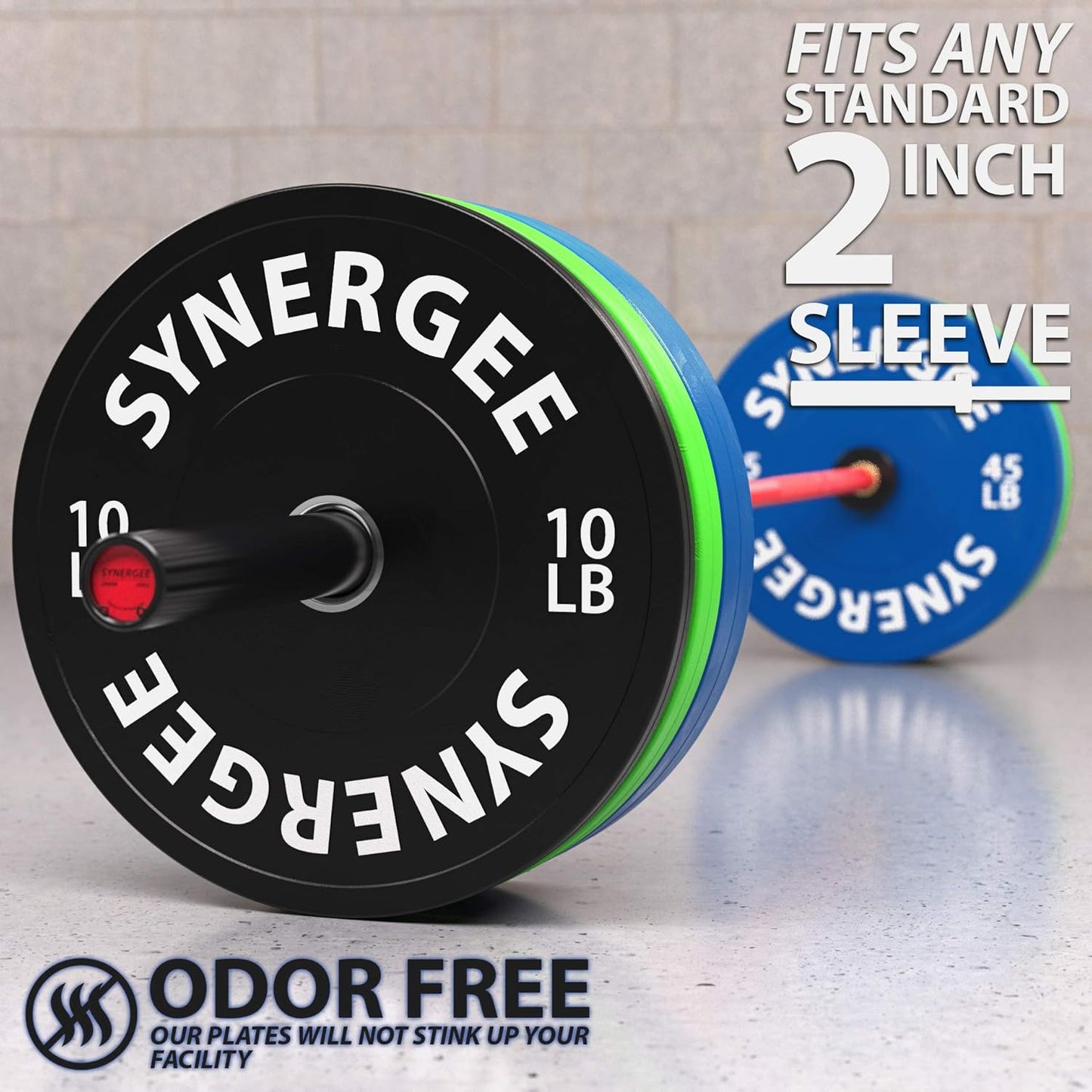 Synergee Bumper Plates – Durable Olympic Weight Plates, Low-Bounce Rubber for Strength Training, Powerlifting, and Functional Workouts.