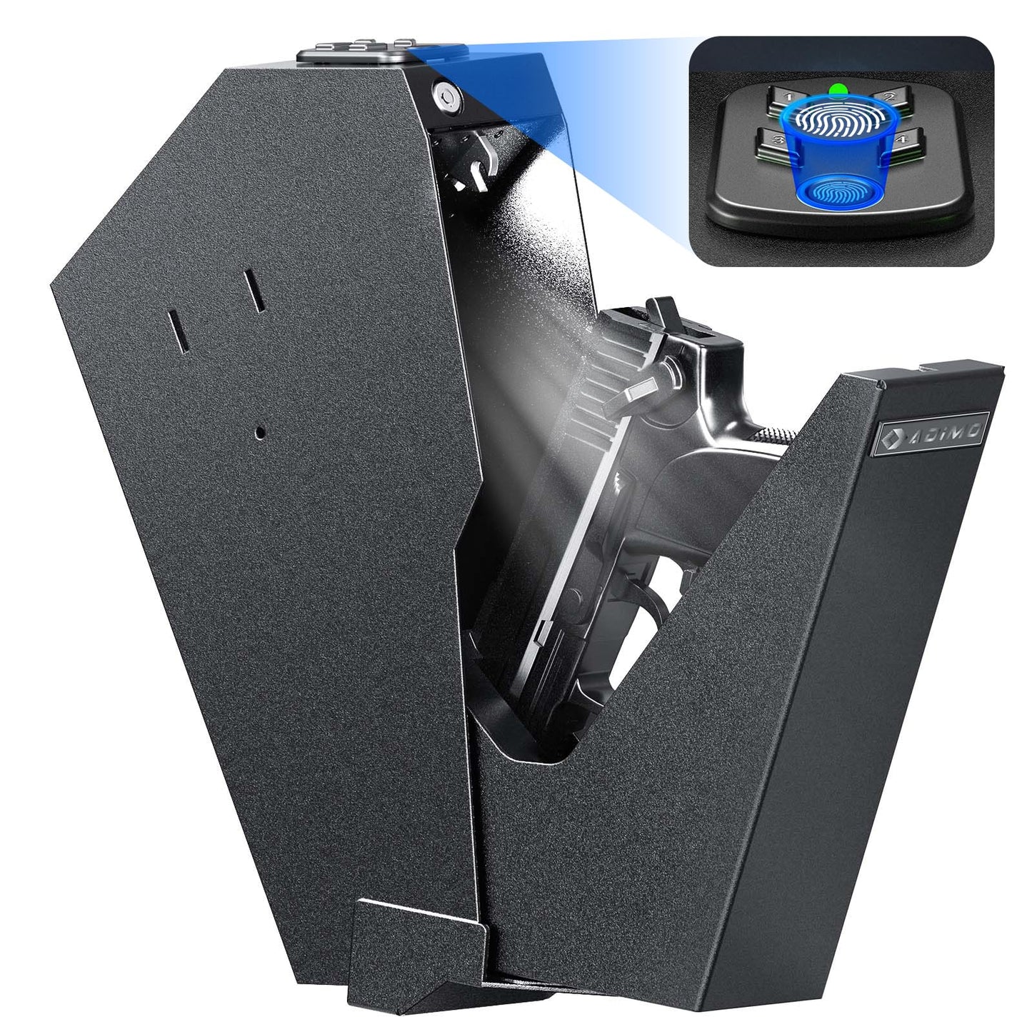 ADIMO Gun Safe for Handgun, Biometric Pistol Safe Fingerprint Quick Access Drop Down Single Mount Gun Safe with Keypad Lock and Key Lock, for Nightstand Wall Mount Bedside Desk Vehicle Bed