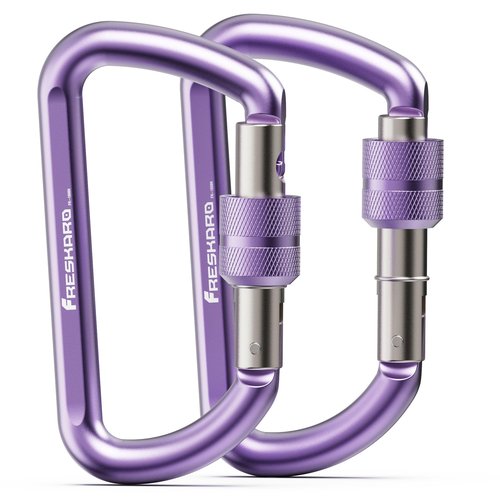FresKaro Carabiner Clip, Locking and Small Carabiners, Heavy Duty Carbineers, Key and Keychain Clips, Purple Karabiner 3inch, Screw Lock, Aluminum, D-Ring, for Belt, Hammock, Hiking, 2 Pack