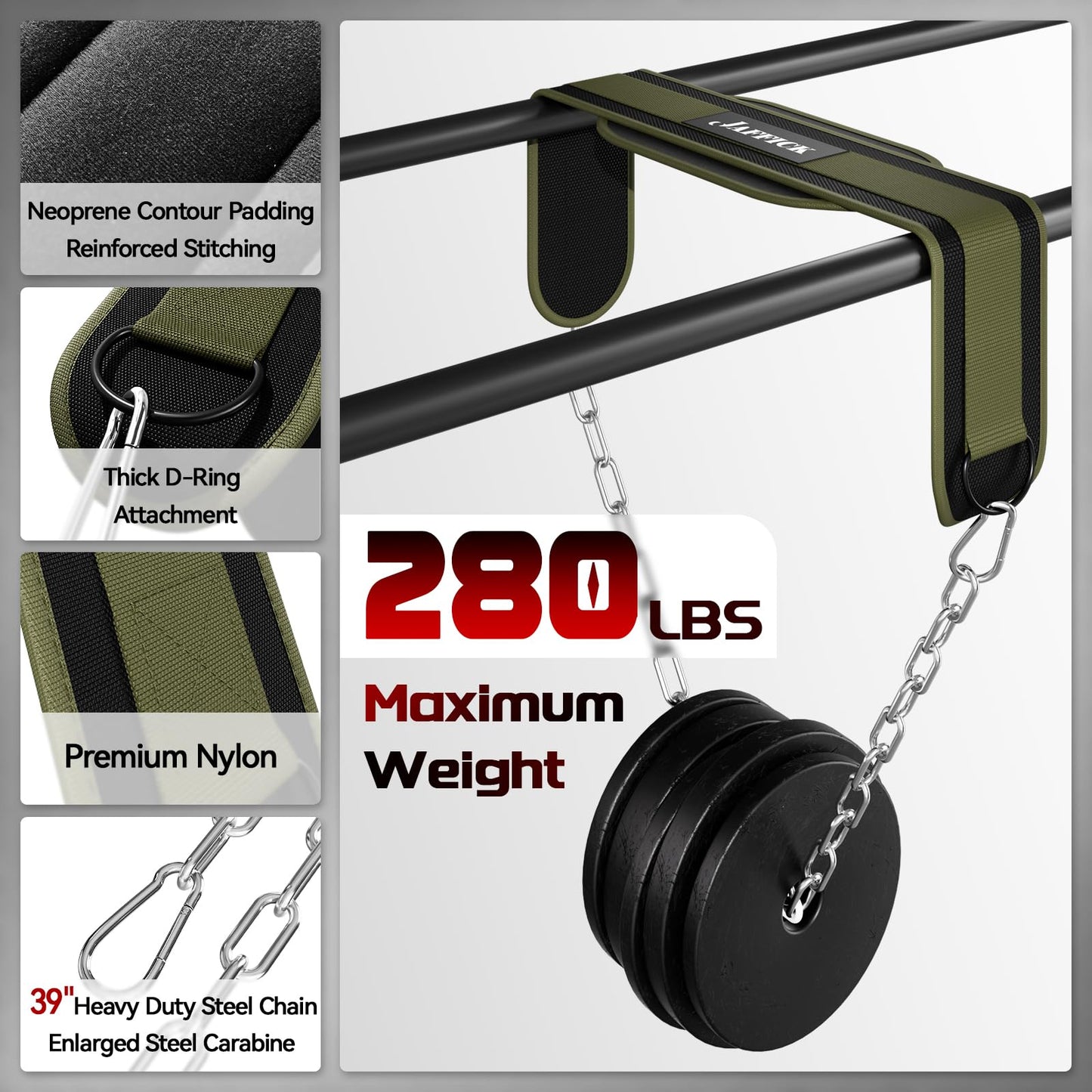 Jaffick Dip Belt of Premium Nylon Support, Gym Lifting Workout Belt for Men Women Powerlifting Weightlifting Pull Ups, Dips - 39" Heavy Duty Steel Chain and 41" Rope for Added Weight Training