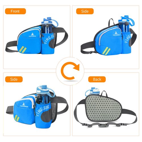 Peicees Waist Bag Fanny Pack with Water Bottle Holder for Men Women Hiking Running Dog Walking Fit All Phones (Bottle Not Included), Colorful Reflective Strip&Zipper-Sky Blue