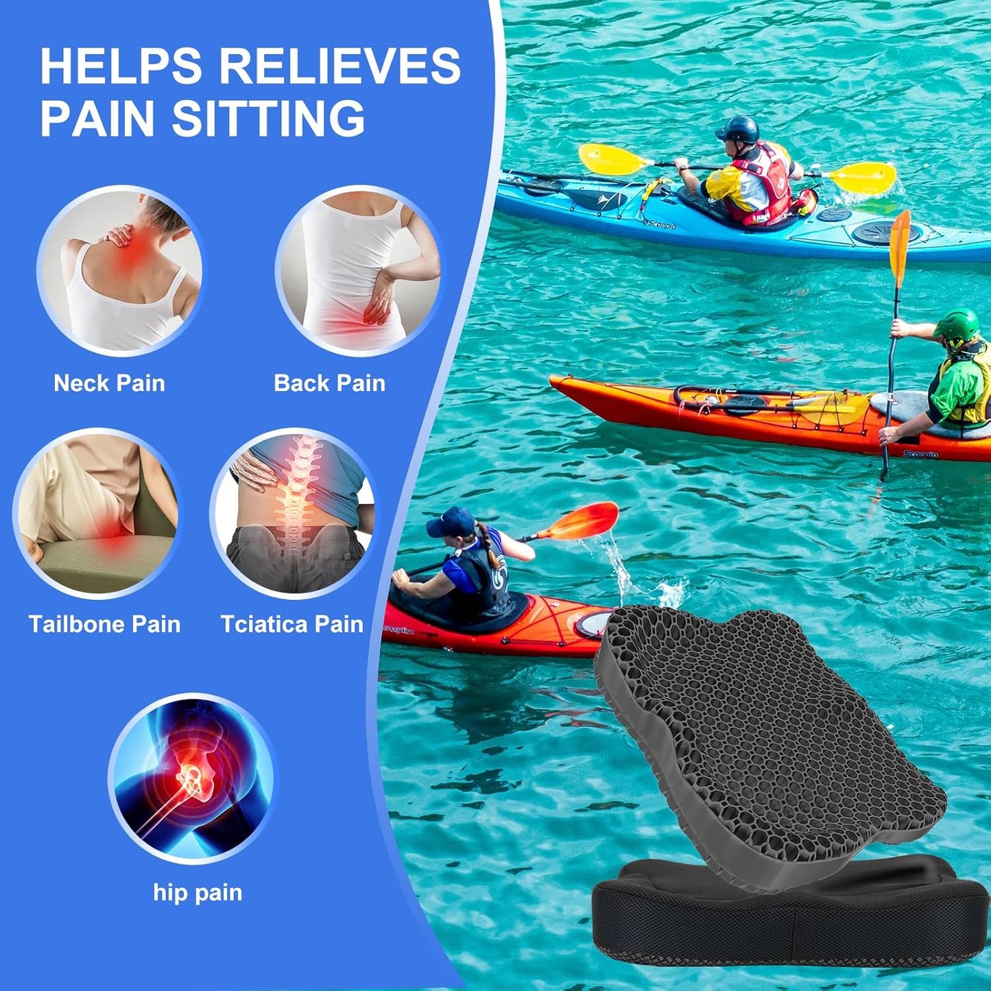 Thicken 19.7in Seat Cushion, Gel Seat Cushion for Long Sitting–Office Chair, Wheelchair, Car Pad, Large Cooling Support Pad for Back Pain, Sciatica, Tailbone Pain Relief
