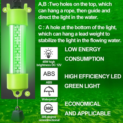 Retisee 2 Pcs 12V Green Underwater Fishing Light IP68 Waterproof Aluminum Bright LED Fish Bait Submersible Night Fishing Lights Lure Bait Finder with Battery Clamp for Crappie(45w, 24.61 ft)