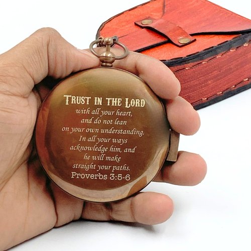 Trust in The Lord Sundial Compass Gift with Leather Case Bible Verse Proverbs 3 5-6, Baptism - Graduation - Religious - Keepsake - Communion Gifts