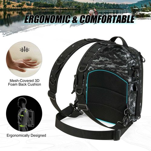 Piscifun Fishing Tackle Backpack with Rod & Gear Holder, Lightweight Outdoor Water-Resistant Fishing Shoulder Storage Bag, Black Camouflage