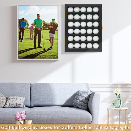 WELIDAY Golf Ball Display Case, Solid Wood Golf Ball Holder, Wall Mounted Golf Ball Rack with Acrylic Door for Golf Enthusiasts (Black, for 30 Golf Balls)