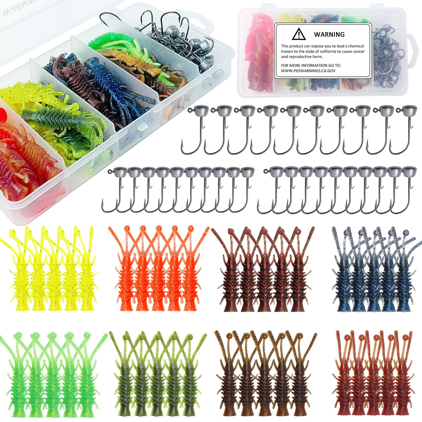 FREE FISHER 71Pcs Ned Rig Jig Heads with Hellgrammite Soft Plastic Fishing Lures Kit, Mushroom Head Ned Rig Super Realistic Soft Plastic Lures for Bass Trout Pike Walleye Crappie Saltwater Freshwater