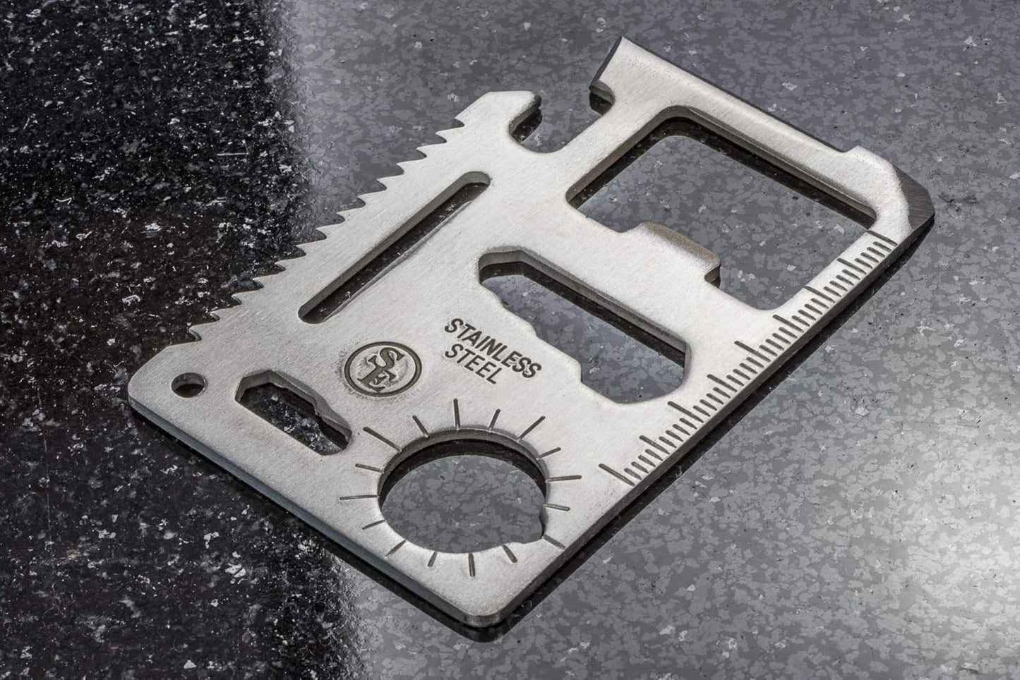 SE 11-Function Stainless Steel Survival Pocket Tool - Compact, Credit Card-Sized Multi-Tool with Leatherette Case - Ideal for Camping, Hiking, and Outdoor Activities- MT908-1