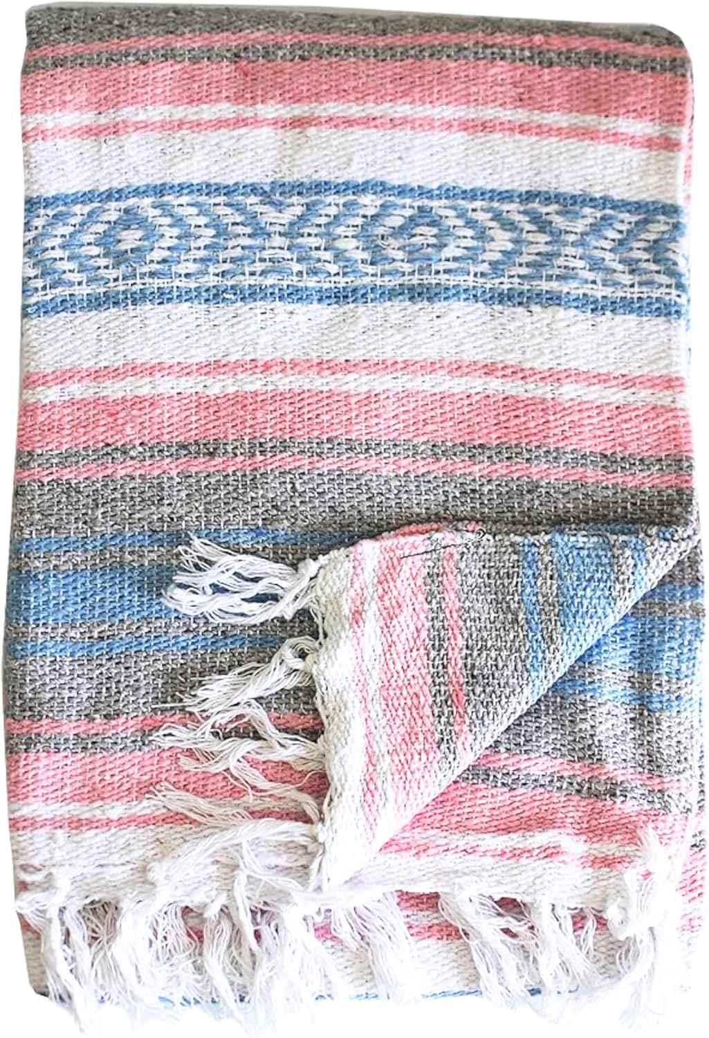Authentic Del Mex Large Mexican Blanket - Woven Falsa Throw (70"x50") for Beach, Yoga & Outdoor Decor - Pink/Tan