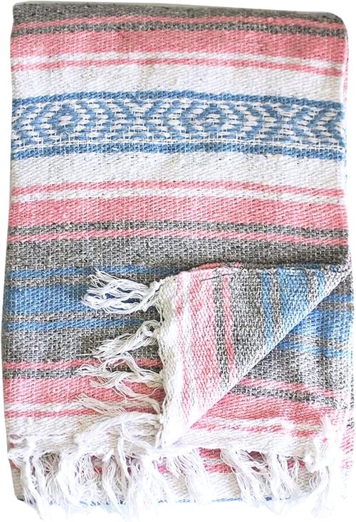 Del Mex Classic Mexican Blanket, Large Authentic Woven Falsa Throw (70"x50"), Artisan Southwest Décor for Beach, Yoga, Outdoors (Pink/Tan)