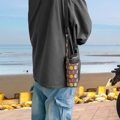 CAIRIAC Cartoon Owl Neoprene Sleeve Bottle Cup Carrier Pouch, Cup Holder Pouch with Carrying Handle, 16oz-21oz Portable Bottle Cooler Cover Holder Strap for Outdoor