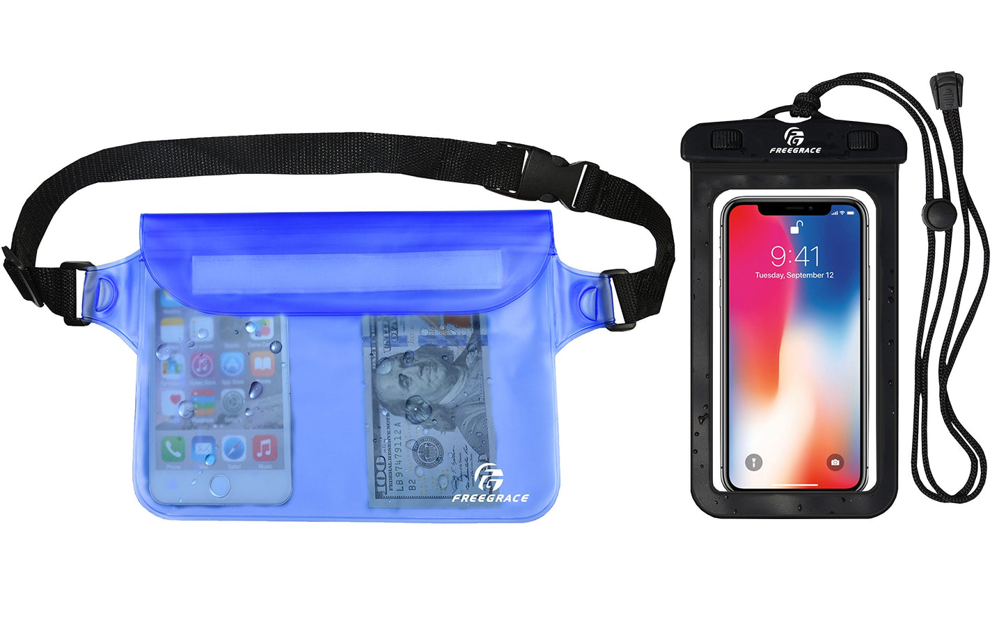 Premium Waterproof Pouch Set with Waist/Shoulder Strap - Best Way to Keep Your Phone and Valuables Dry and Safe - Perfect for Boating Swimming Snorkeling Kayaking (Blue + Waterproof Case)