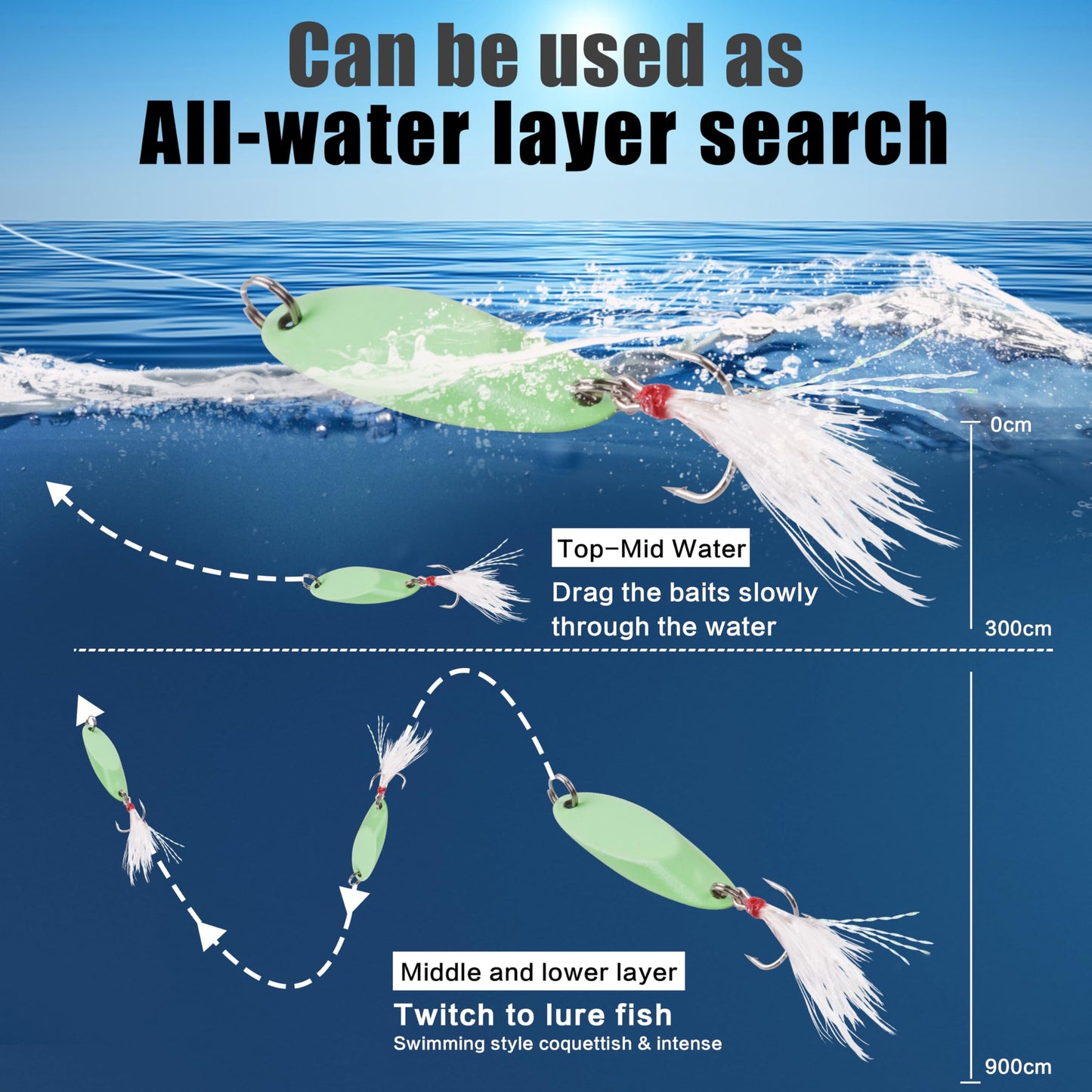 Fishing Spoon Lures Luminous Casting Metal Fishing Jigs Baits Glow Fish Tackle with Treble Hooks Spinning Lure for Saltwater Freshwater Trout Bass Salmon （10G-6PCS）