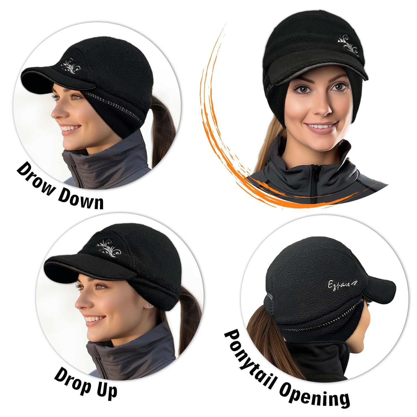 EZPACE Fleece Ponytail Hat for Women with 3M Thinsulate Ear Warmer Running Gear Winter Cold Weather Black