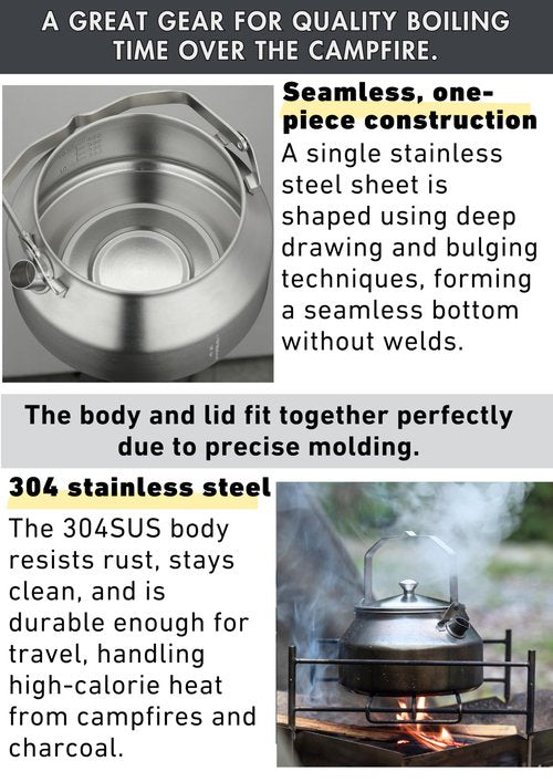 CAMPINGMOON 1L Campfire Kettle Seamless One-Piece Stainless Steel Wide Bottom Wide Spout Integrated Molding Camping Outdoor Water Boiler SW-1
