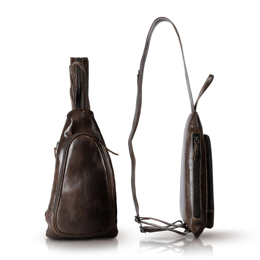 Access Denied Leather Sling Bag for Men Cross Chest Shoulder Bag with Anti-Theft Hidden Air Tag Holder Crossbody Sling Bag for Men or Women (Brown)