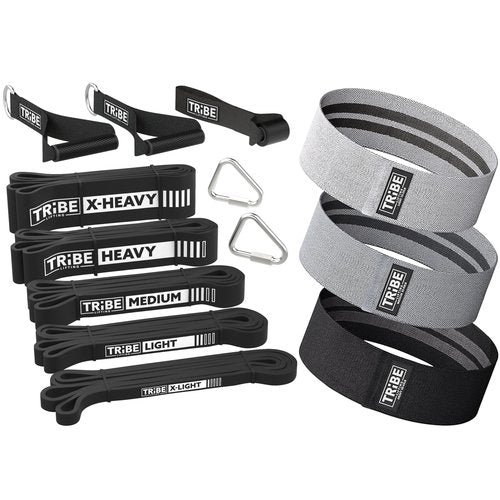 Long Resistance Bands Set of 5 Pull-Up Bands, Rubber Handles, Door Anchor and a Set of 3 Fabric Resistance Bands for Working Out (Grey)