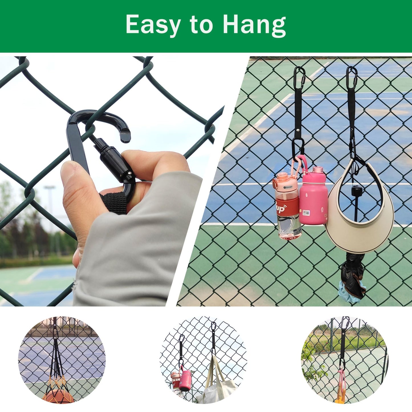 Fence Hooks for Baseball Bag, Softball, Camping, Multifunctional Carabiner Hanging Backpack, Water Bottle (Black) (2)