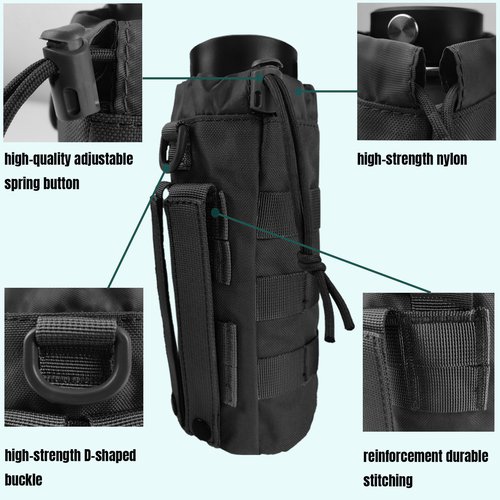 YOWDUTY Tactical MOLLE Water Bottle Holder, Upgraded Water Bottle Pouch with Drawstring Open Top & Mesh Bottom, 16/24/25/32oz Water Bottle Carrier Bag with D-Ring Hook for Backpack(Black)