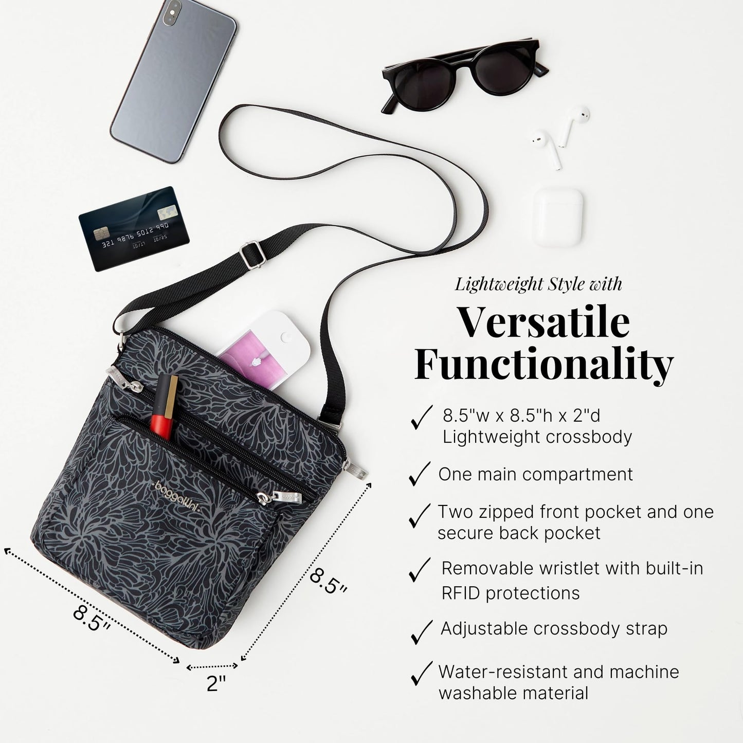 Baggallini Pocket Crossbody Travel Bag, Black Cheetah, One Size
