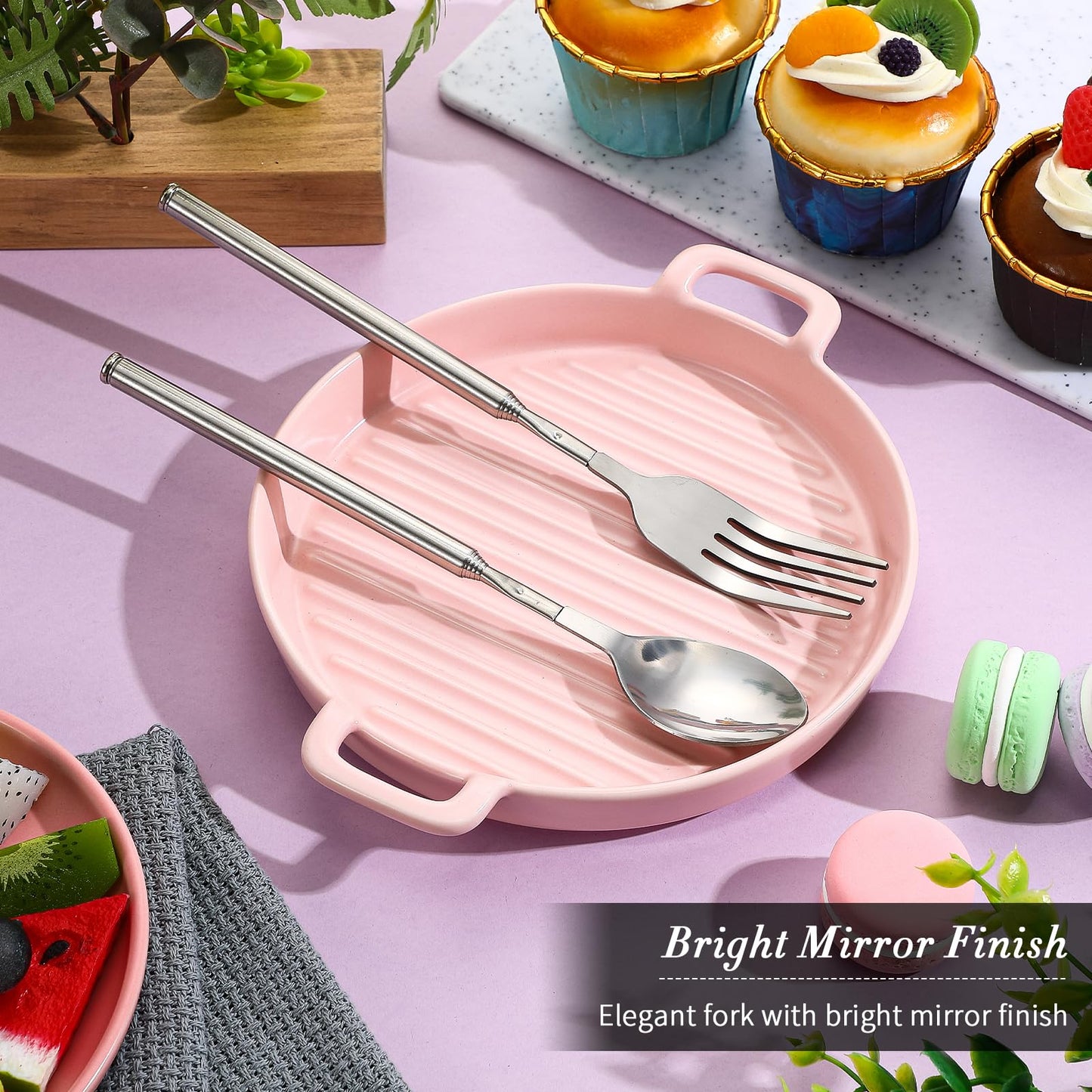 Geetery 2 Pcs Extendable Fork Spoon Set Telescopic Spoon and Long Telescoping Fork Stainless Steel Dinner Retractable Extend to 25 Inch Anti Rust Tableware Supplies for Barbecue Toasting Fruit Dessert