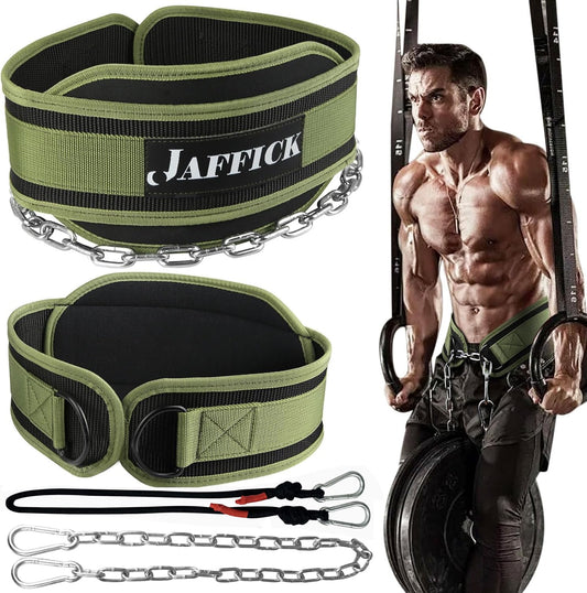 Jaffick Dip Belt of Premium Nylon Support, Gym Lifting Workout Belt for Men Women Powerlifting Weightlifting Pull Ups, Dips - 39" Heavy Duty Steel Chain and 41" Rope for Added Weight Training