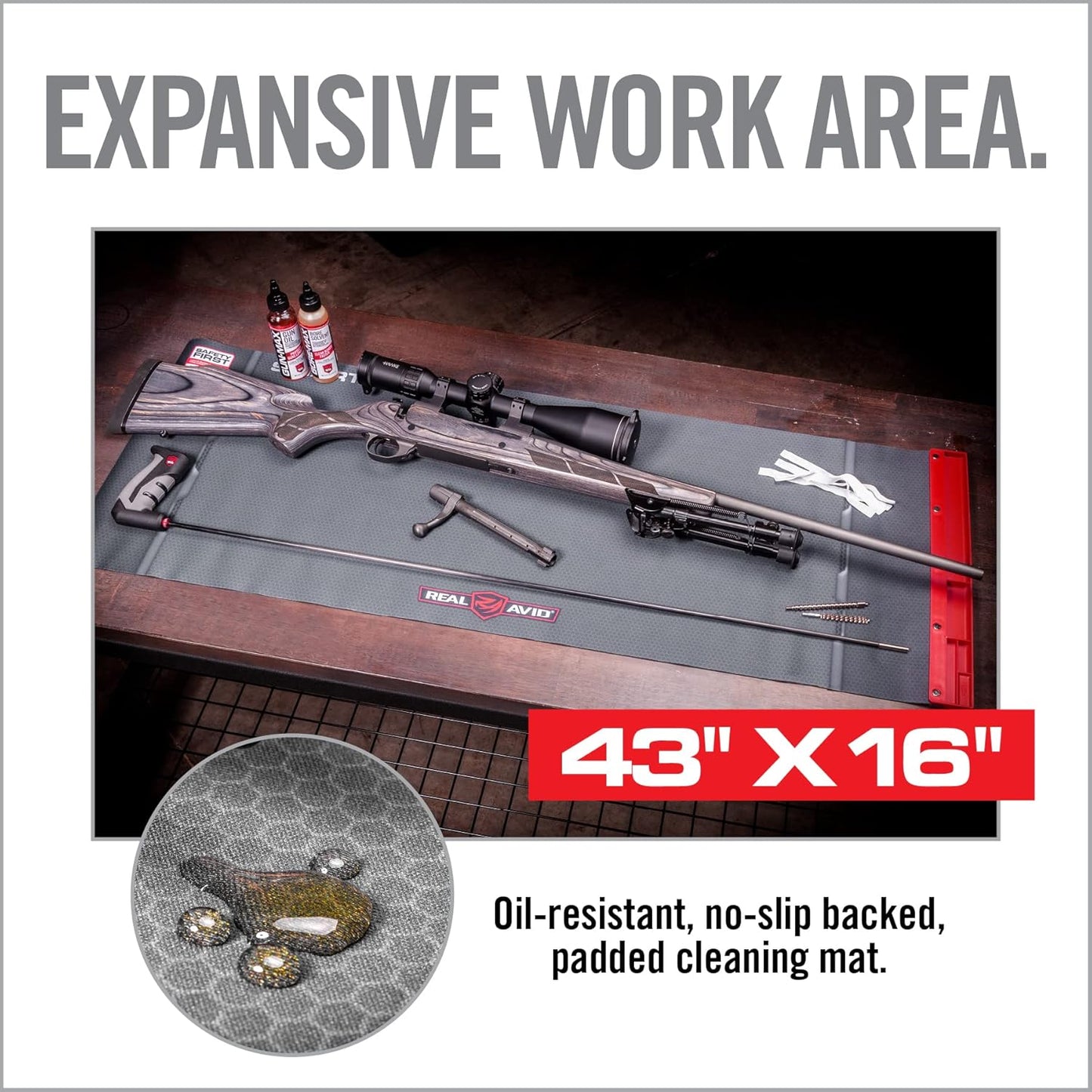 Real Avid Smart Mat Options - Choose 47.25”x19.5” XXL Mat or 43"x16" Universal Smart Gun Mat - Gun Oil Resistant, Non-Slip, Padded Rifle Cleaning Mat