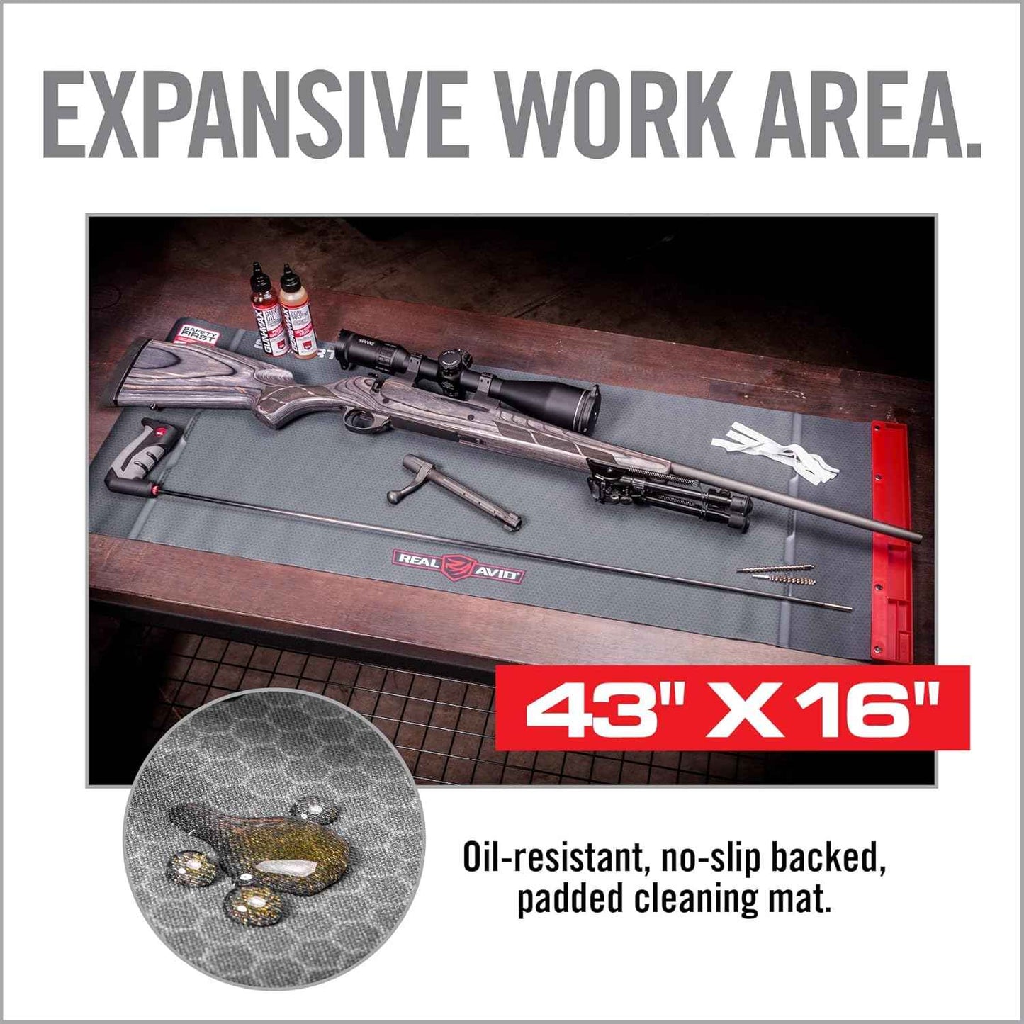 Real Avid Smart Gun Cleaning Mat - XXL 47.25”x19.5” or Universal 43"x16" - Non-Slip, Oil Resistant