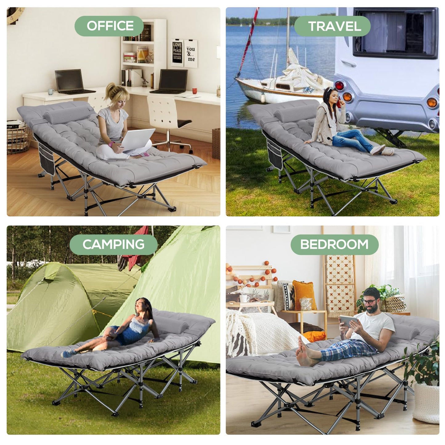 LOENIY Wide Folding Camping Cots with Pillow & Extra Thick Matress, Cots for Sleeping 900 LBS, Camping Bed for Adults with Cushion, Sleeping Cot (Grey)
