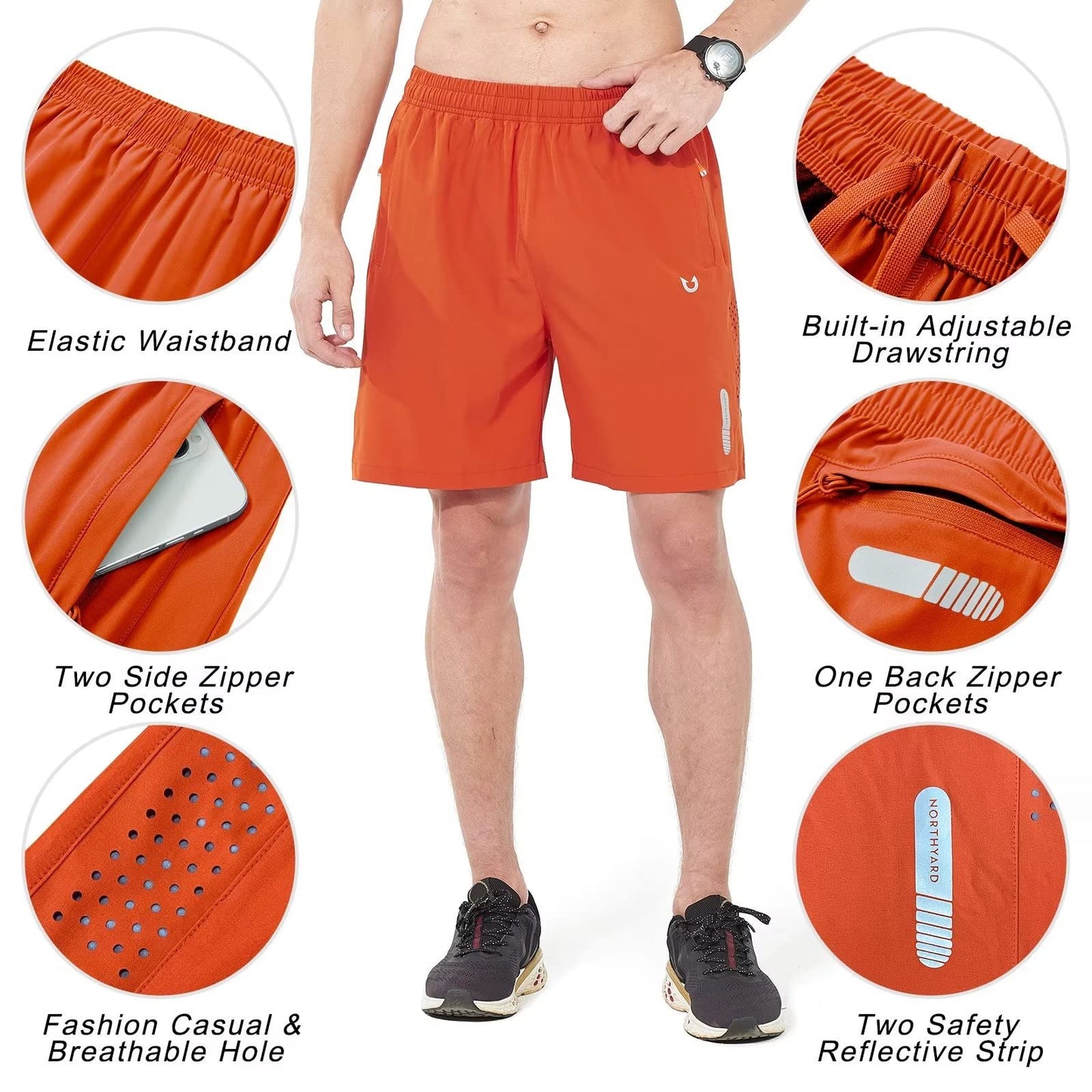 NORTHYARD Men's Athletic Running Shorts Gym Workout 7"/9"/5" Quick Dry Lightweight Sports Basketball Tennis 3 Zipper Pockets Orange 2XL