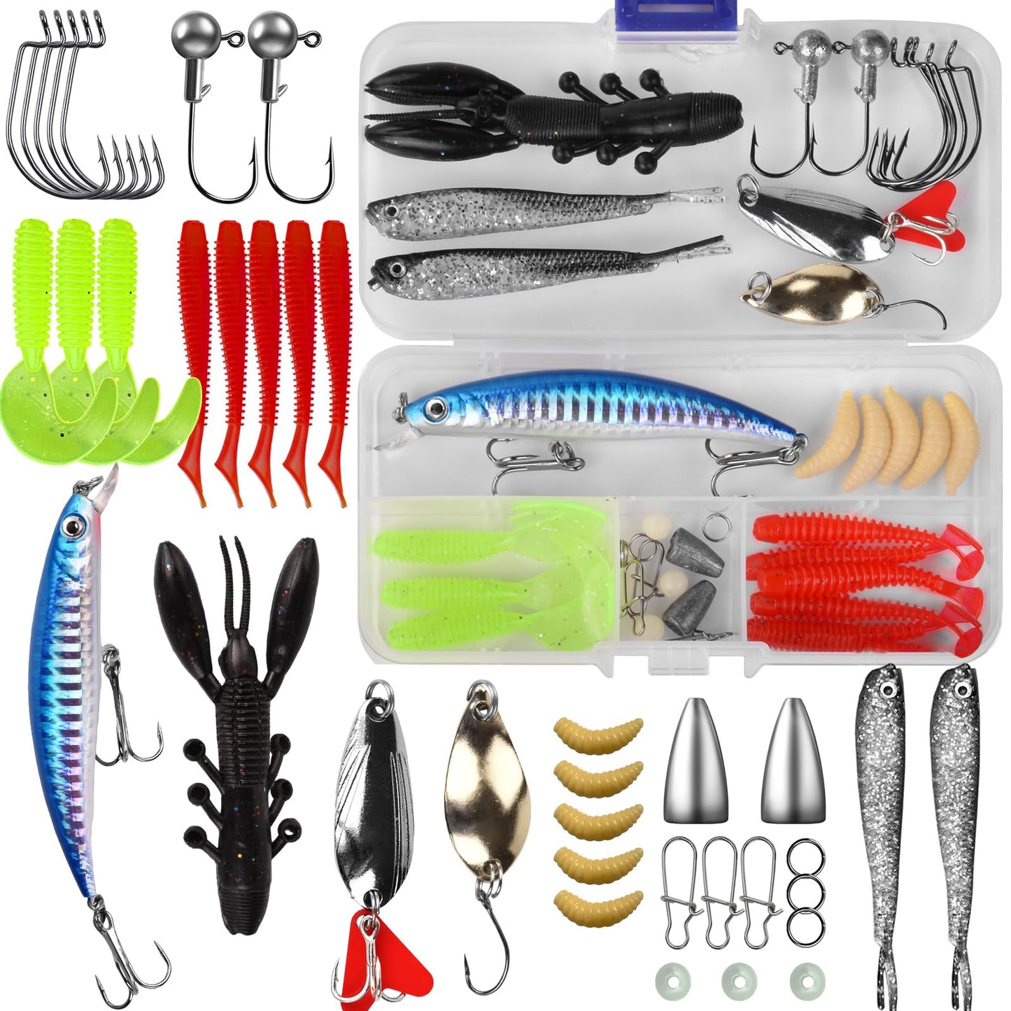 Fishing Lures Tackle Bait Kit Set - Comprehensive Fishing Lures Kit for Trout Bass Salmon - Includes Plastic Shrimp, Worm Bait, Spoon, and Crankbait Jigs (38PCS)