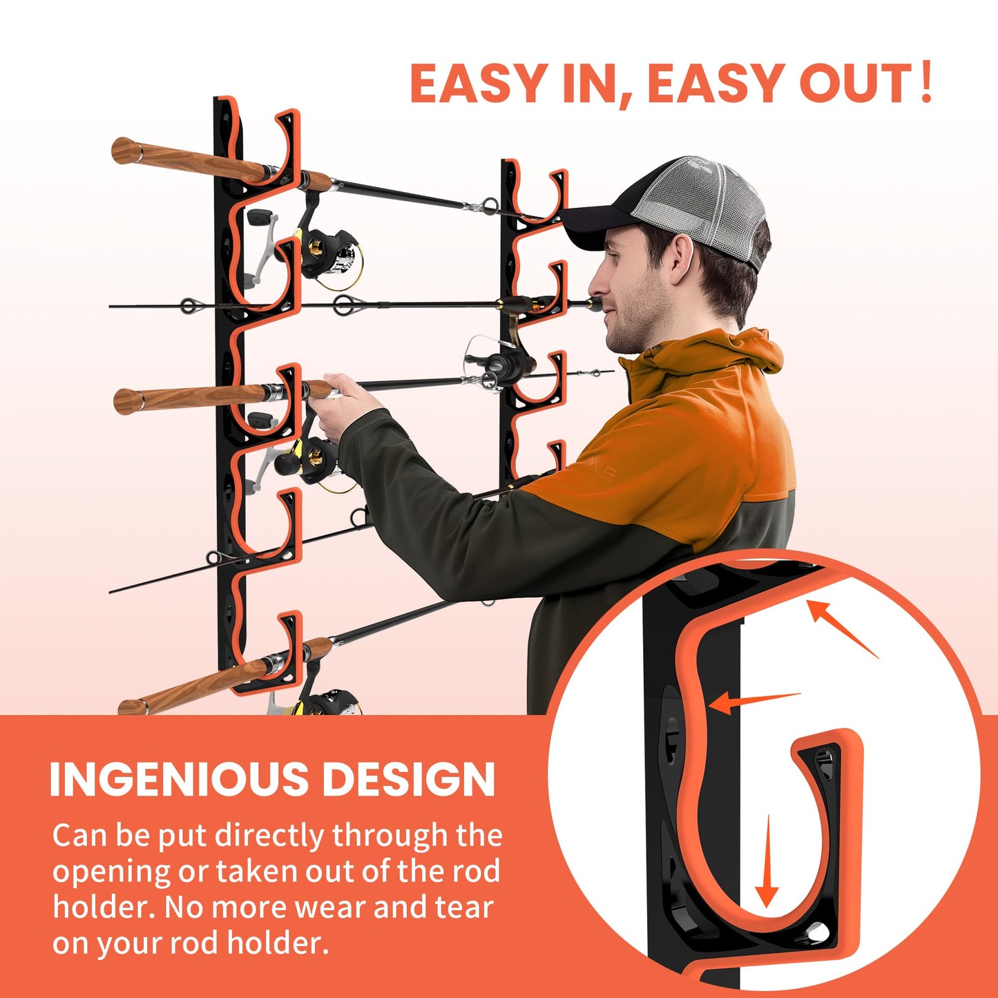 Fishing Rod Holder for Garage, H5 Wall or Ceiling Mounted Fishing Pole Holders with Soft Protective Pad, Fishing Rod Storage Organizer, Horizontal Fishing Rod Wall Mount Nets Storage (4 PACK)