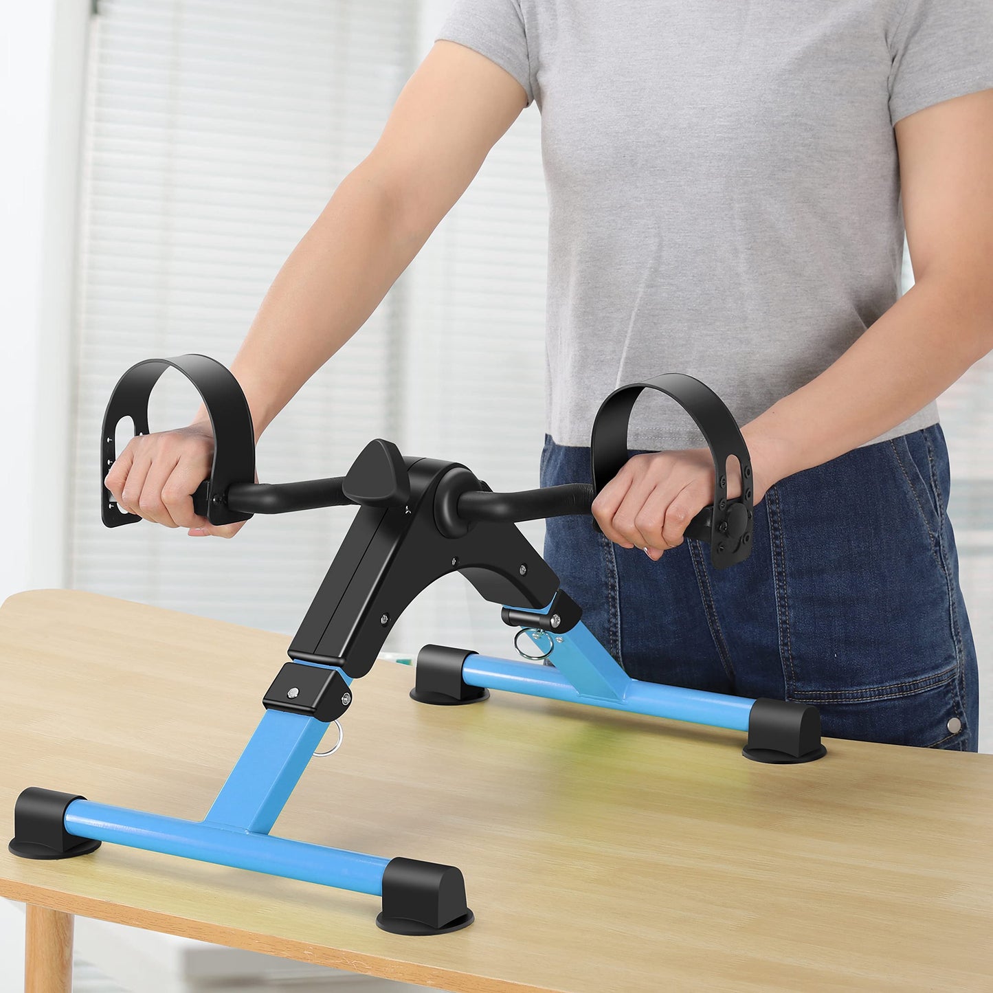 Folding Pedal Exerciser Mini Exercise Bike Portable Peddler Arms and Legs Low Impact Workout Bike with LCD (Blue)