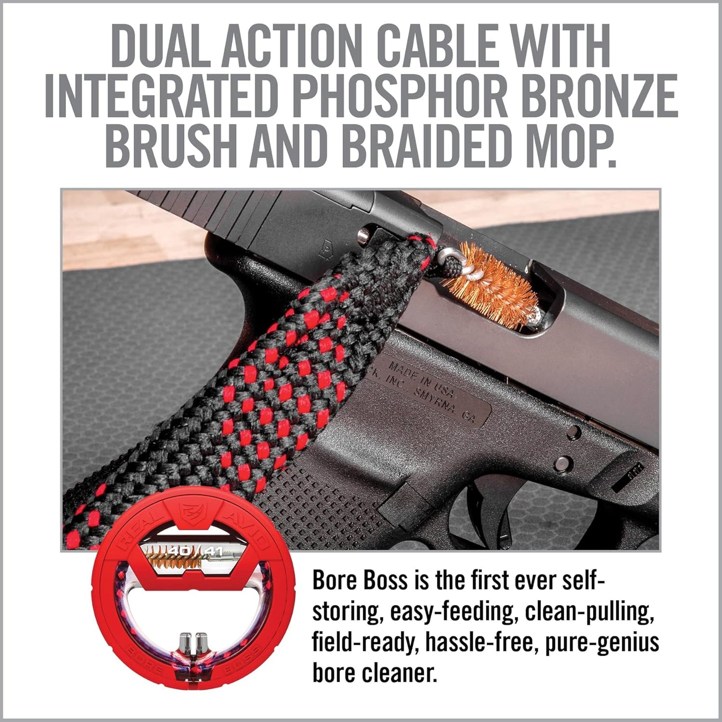 Real Avid Bore Boss Gun Cleaning System - Rapid Pull Through Barrel & Bore Cleaning Cable with Integrated Brush & Mop - Choose Style Below