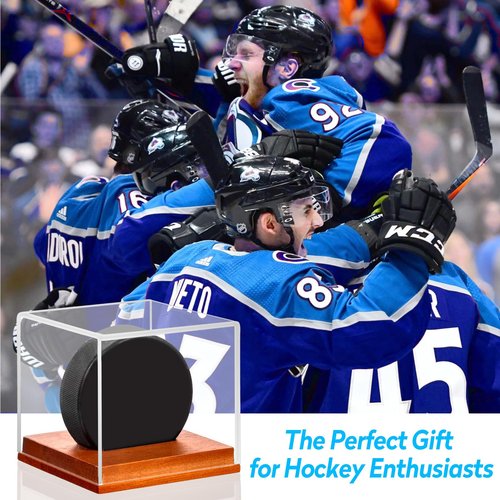 MewVeer Hockey Puck Display Case, Pucks Display Cases with Wooden Base, Acrylic Clear Box - Hockey Memorabilia Storage Holder, for Enthusiasts & Collectors & Fans (2 Pack, Square)