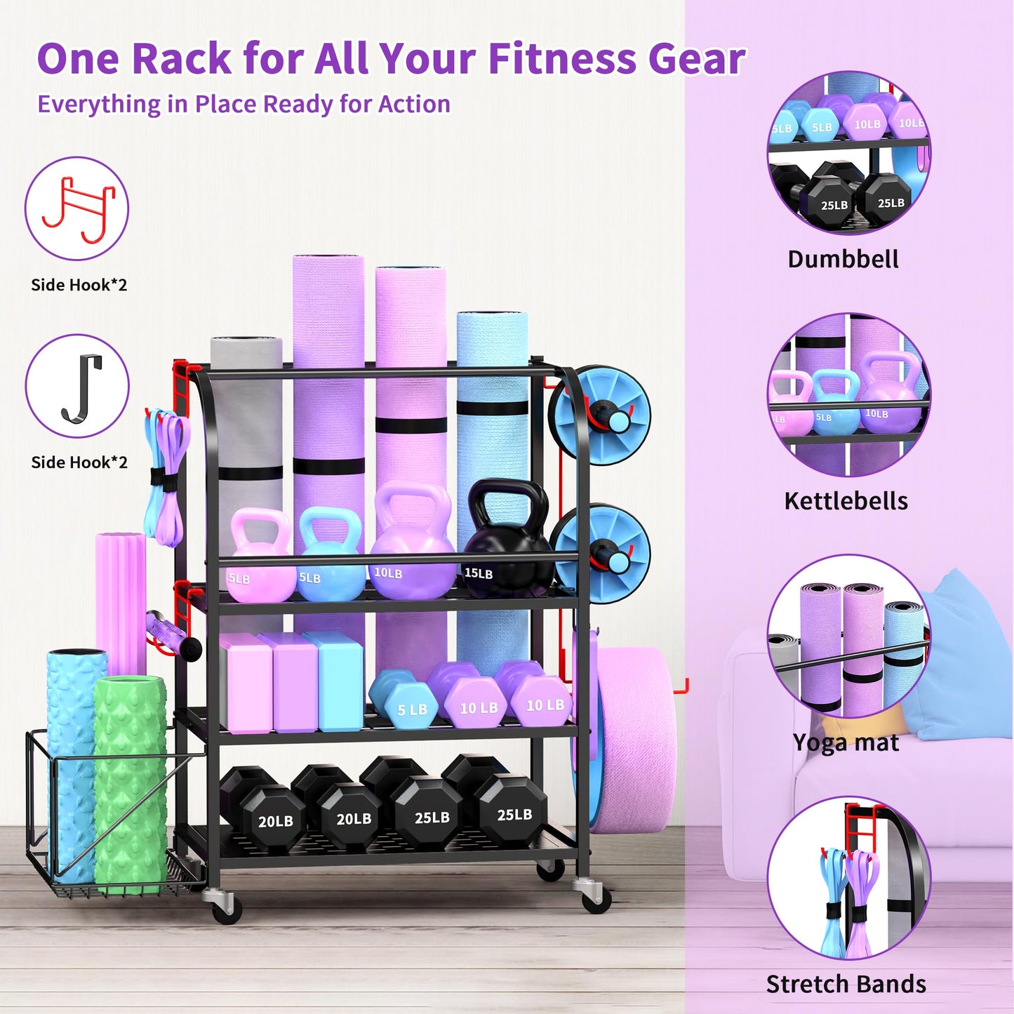 Home Gym Organizer - Yoga Mat Storage Rack, 400LBS Metal Gym Equipment Storage Cart with Large Basket & Movable Hooks, Dumbbell Rack & Weight Storage Racks for Workout Gear (Black)