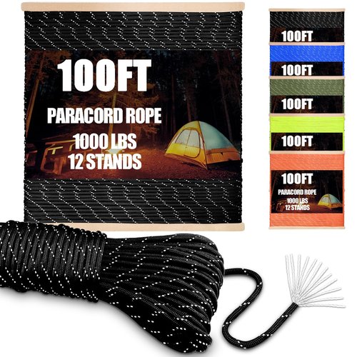 CooBigo Paracord Rope 1000 lb 4mm 12 Strand Parachute Cord 100ft Reflective Black Paracord for DIY Weave Bracelet/Lanyards Tent Camping Hiking Survival or Others Outdoor Gear